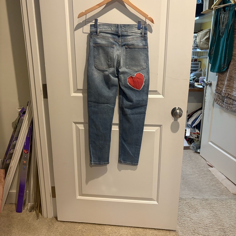 EUC- REVICE Blue Jeans with Red Heart Accent & red zipper accent